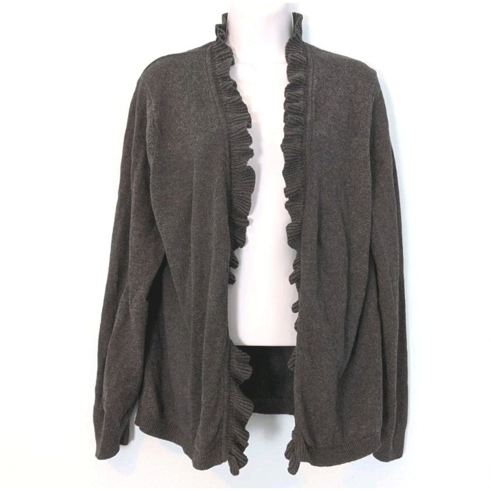 Lands End Cardigan Sweater Large Petite Wool Blend Ruffle Trim Dark Gray
